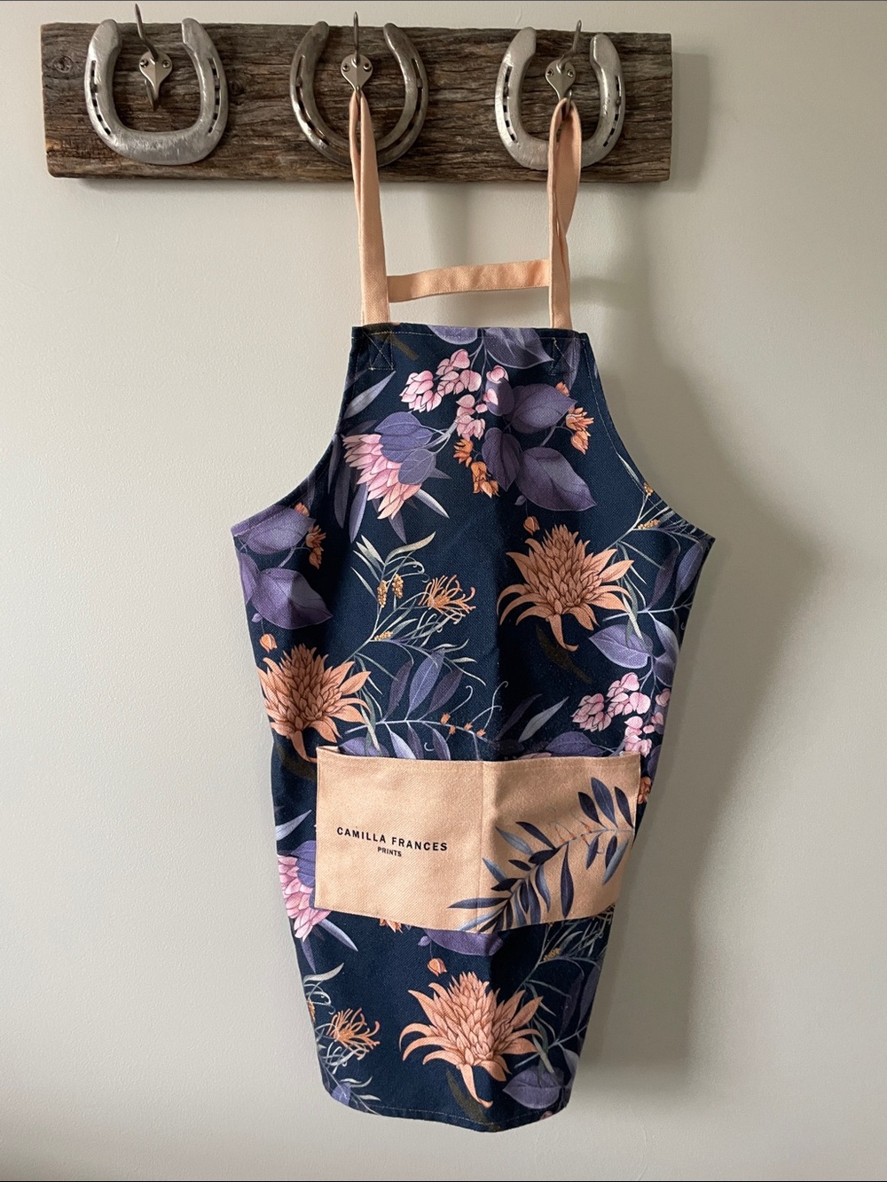 Women's Navy Floral Apron with Blush Pocket